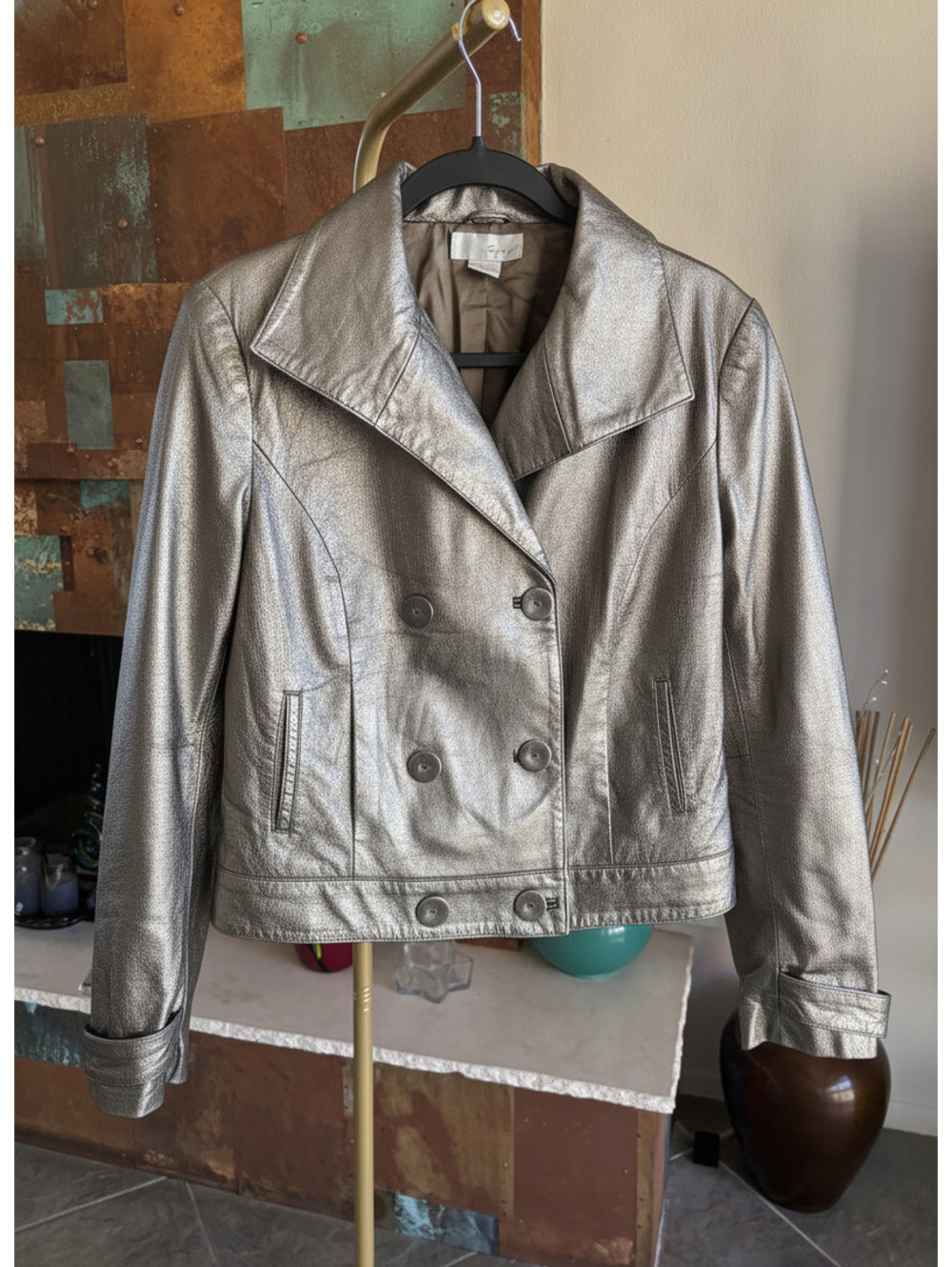 Vintage Y2K Spiegel Metallic Gold Genuine Leather Cropped Jacket 12